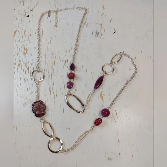 x Lane Bryant Silver and Purple Long Necklace Glass Beads Jewelry Accessory Boho - Picture 1 of 6